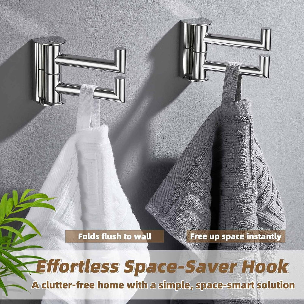 APLusee Swivel Towel Hook Polished Chrome 2 Pack, 304 Stainless Steel Bathroom Robe Hook Towel Holder, Folding Wall Hook Wall Mounted