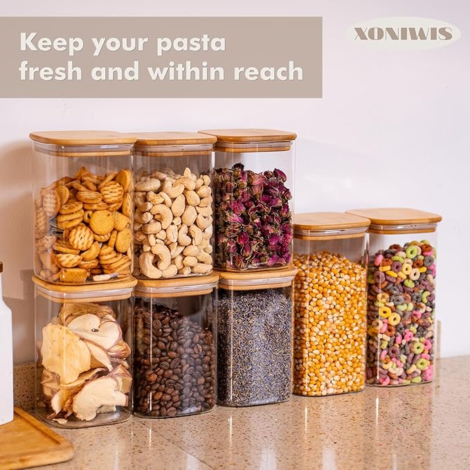 51oz 3PCS Glass Storage Container with Wood Lid for Kitchen Organization, Food Storage Pantry Jar with Airtight Lids for Cereal, Oat, Pasta, Flour, Rice, Sugar, Tea, Coffee, Cookie, Candy