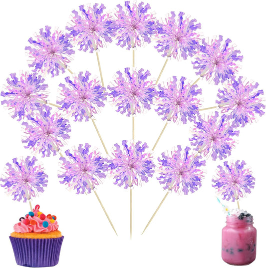Ephlyn 30Pcs Foil Firework Cupcake Toppers Sparkle Tinsel Cupcake Picks Happy Birthday Cake Decorations Drink Stirrers Cocktail Food Fruit Toothpicks for Baby Shower Graduation Party Supplies Purple