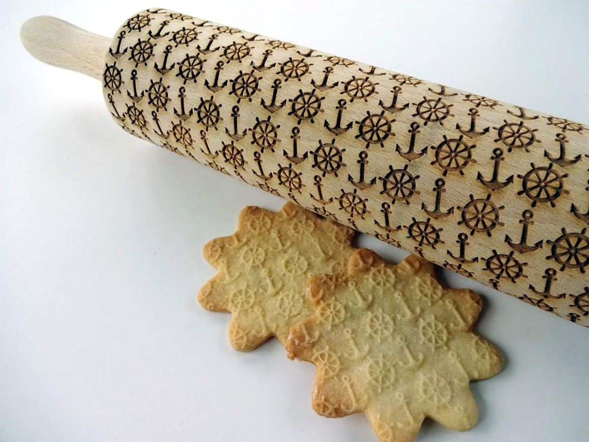 EMBOSSING ROLLING PIN MARINE LASER ENGRAVED WOODEN DOUGH ROLLER GIFT FOR FRIEND SAILOR