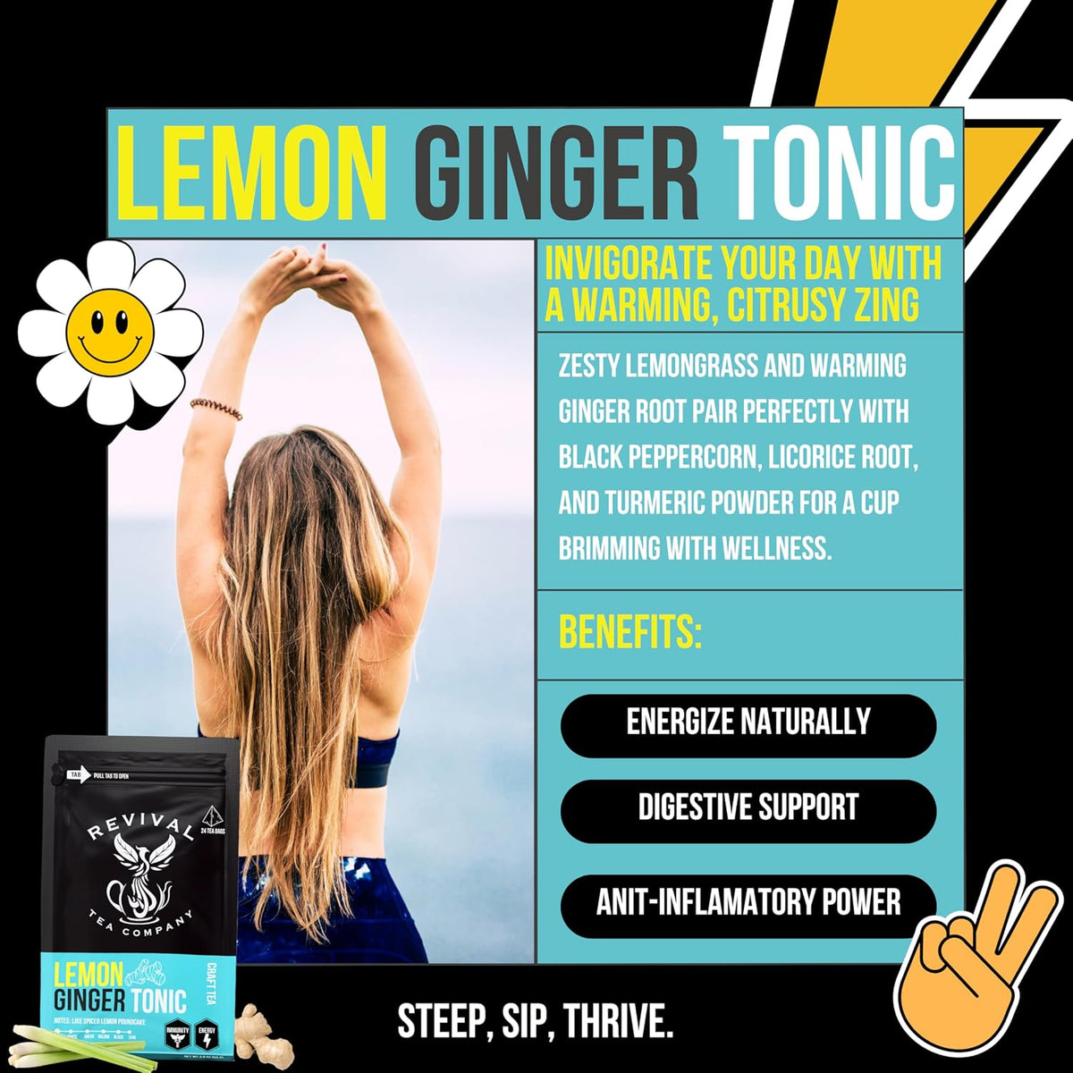 Revival Tea Company Lemon Ginger Tonic - Caffeine Free Tea Blend with Lemongrass and - Loose Leaf 5 Ounces