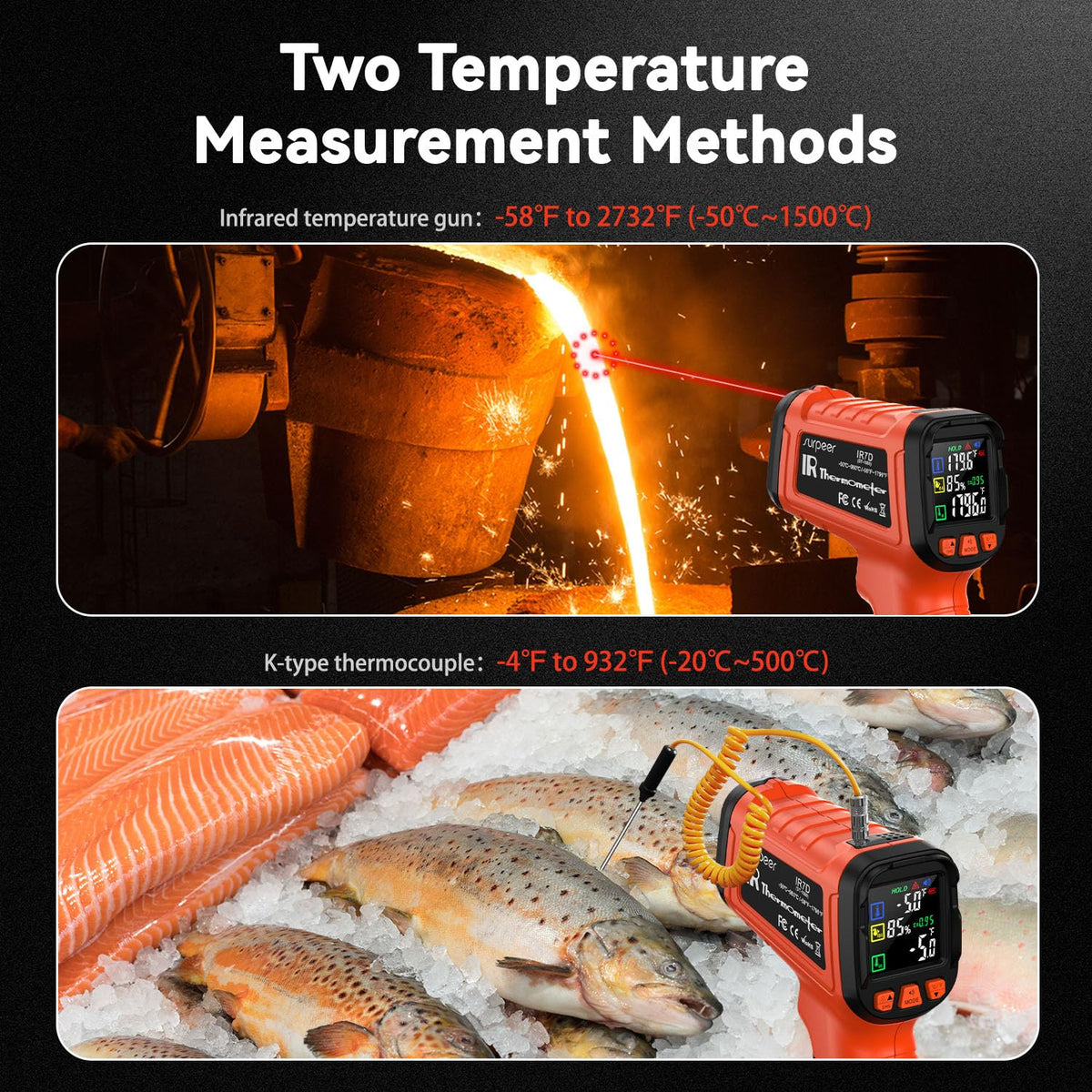 -58°F to 2732°F Infrared Thermometer IR Laser Gun 50:1, Digital Temperature Gun/K-Type Probe -4°F~932°F, Humidity Sensor, High-Temp Pyrometer for Kiln, Forge, Furnace, Industrial Use
