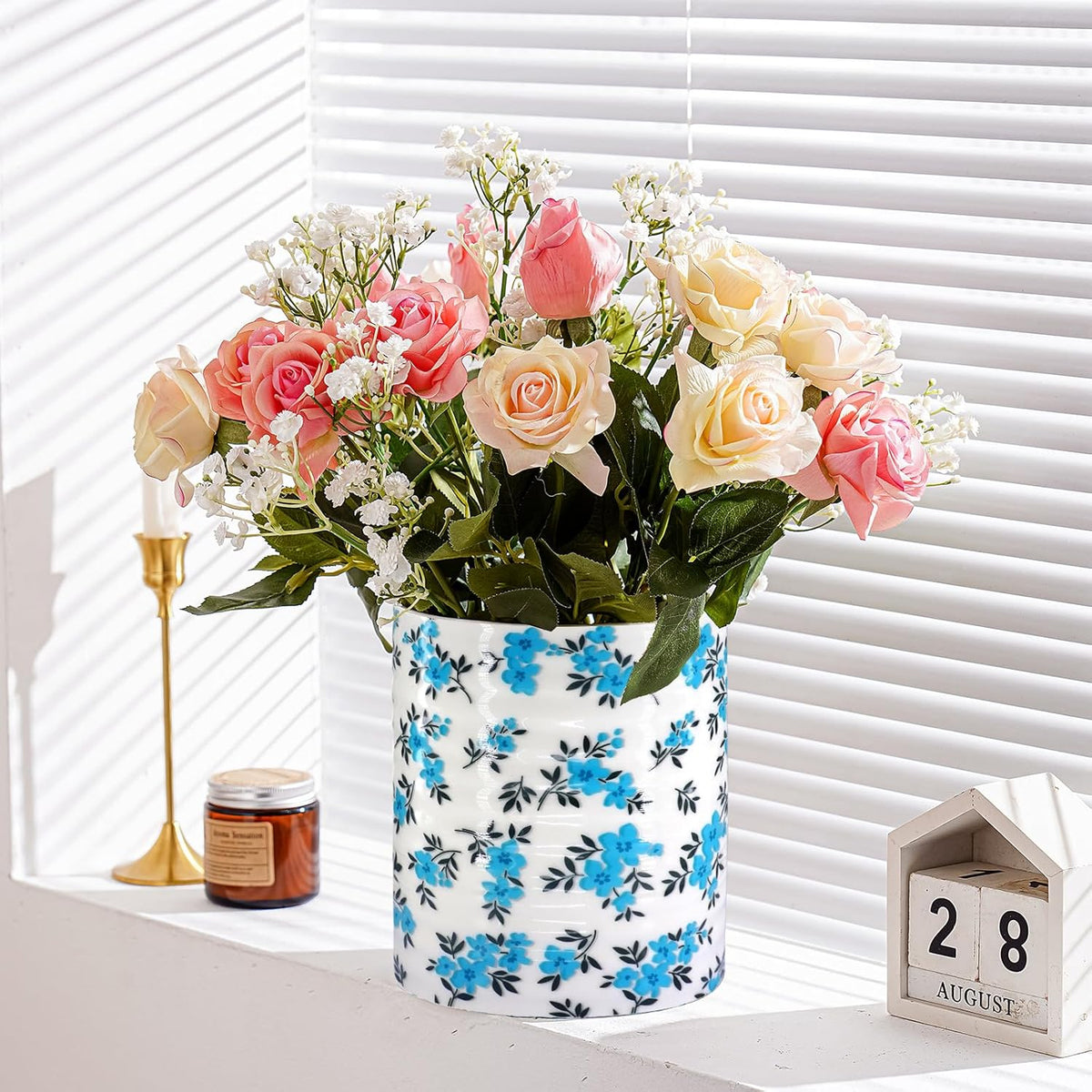 Kitchen Utensil Holder,7.2″Extra Large Stable Pattern Ceramic Utensil Crock,Utensil Organizer for Countertop,Kitchen Decor,Utensil Holder for Housewarming,Wedding Gift (Teal Blue)