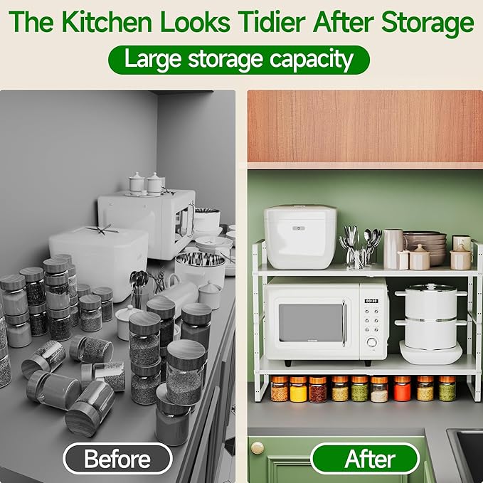Expandable Cabinet Organizer Shelf, Adjustable Height Organizer Riser for Kitchen Cabinet Spice Rack Locker Pantry Cupboard Under Sink Countertop Desk Organization Metal Stackable Shelves