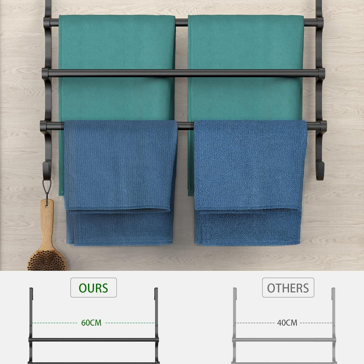 Over The Door Towel Rack, Triple Towel Storage Holder with Hooks, 24.02 Inches Towel Bar Hanger Towel Racks for Bathroom (Black)