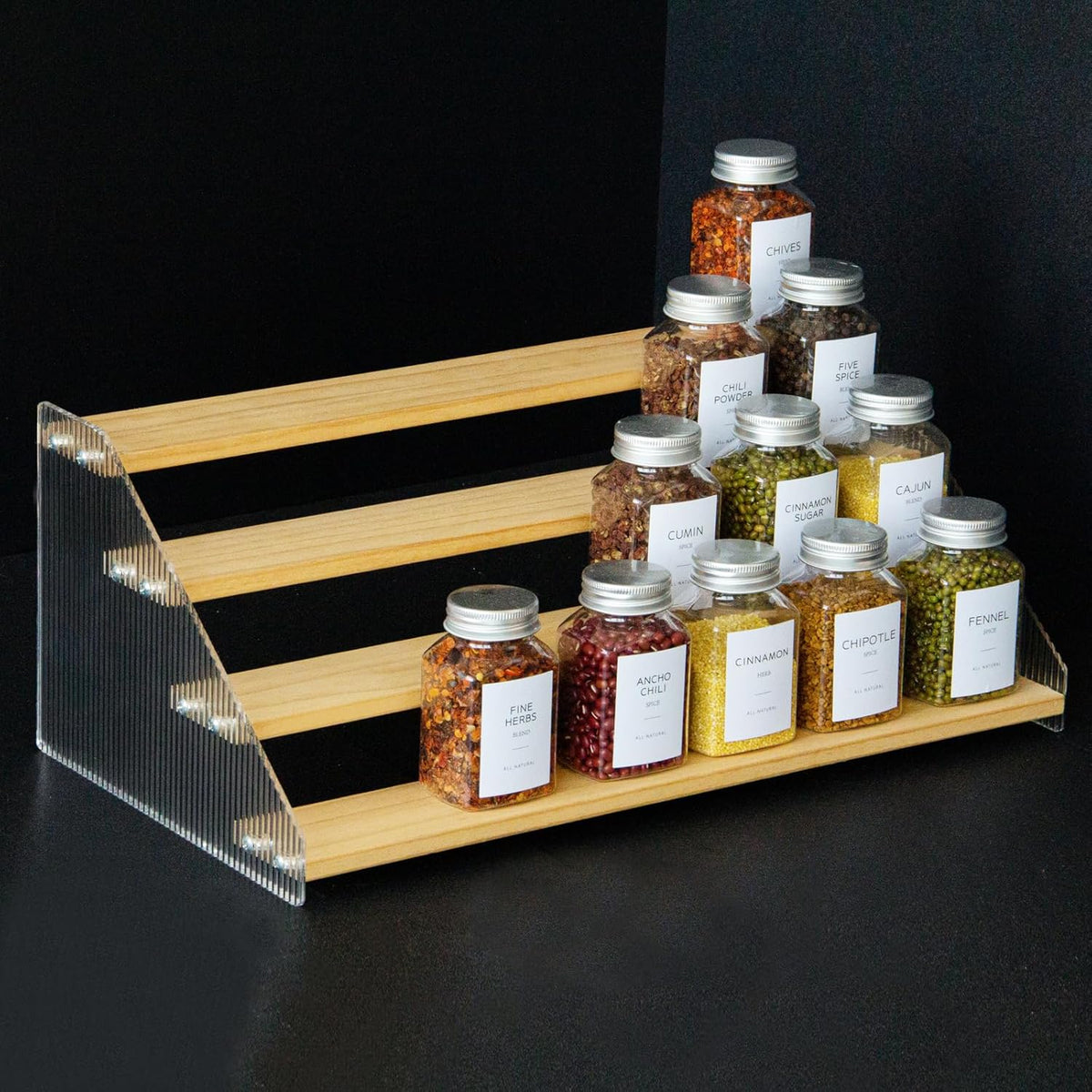 nianfeng Tiered Spice Rack, 4-Tier Spice Pantry Kitchen Cabinet Organizer, 16-Inch, Natural Wood Acrylic Stair Riser Stand, Countertop Seasoning Shelf