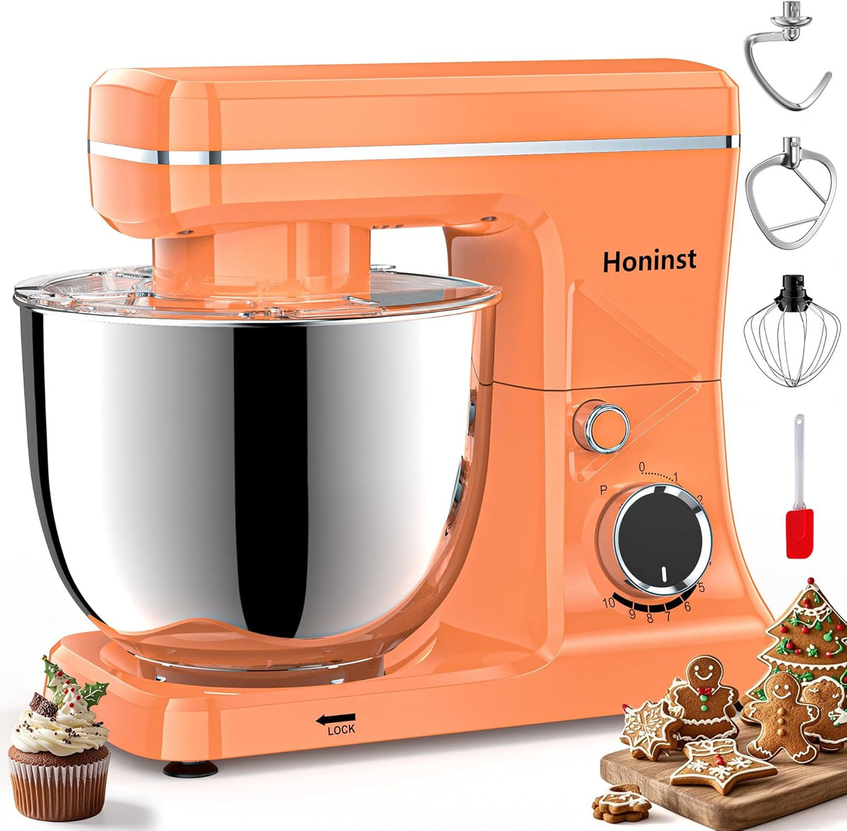 10-Speed Stand Mixer with 8-in-1 Splash Guard, Tilt-Head, 6QT Stainless Steel Bowl+Dishwasher-Safe Dough Hook/Whisk/Beater/Spatula for Baking Bread, Cakes, Cookies, Orange