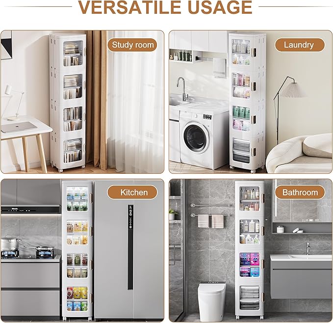 VECELO 4-Tier Tall Narrow Storage Cabinet with Movable Wheels, Adjustable Shelves, Anti-Tip, Slim, for Small Space, Bathroom, Kitchen, Laundry, White