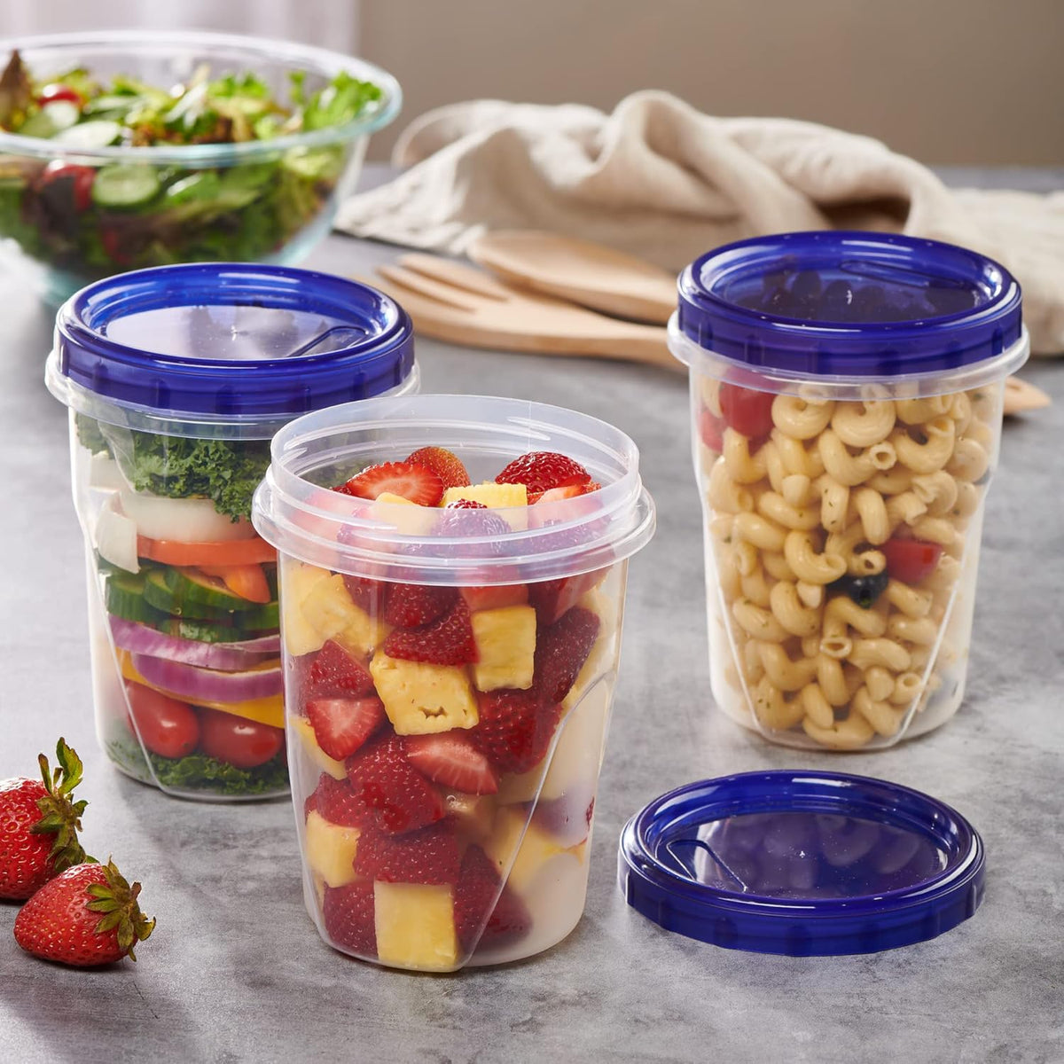 PLASTICPRO 6 Pack Twist Cap Food Storage Containers with Blue Screw on Lid- 32 oz Reusable Meal Prep Containers - Freezer and Microwave Safe Blue Plastic Food Storage