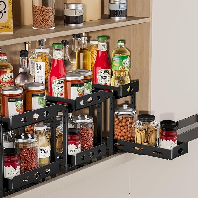 Pull Out Spice Rack Organizer, 2-Tier Vertical Spice Rack, Height Adjustable for Kitchen Cabinet (5.3''Wx10.8''Dx9.2''H, Metal Black)