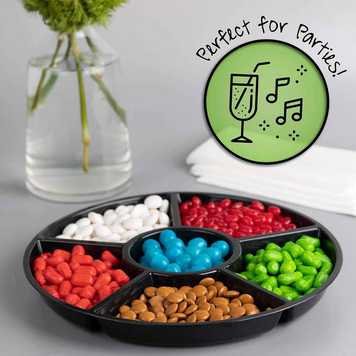 Plasticpro 6 Sectional Round Plastic Serving Tray/Platter (8, Black)