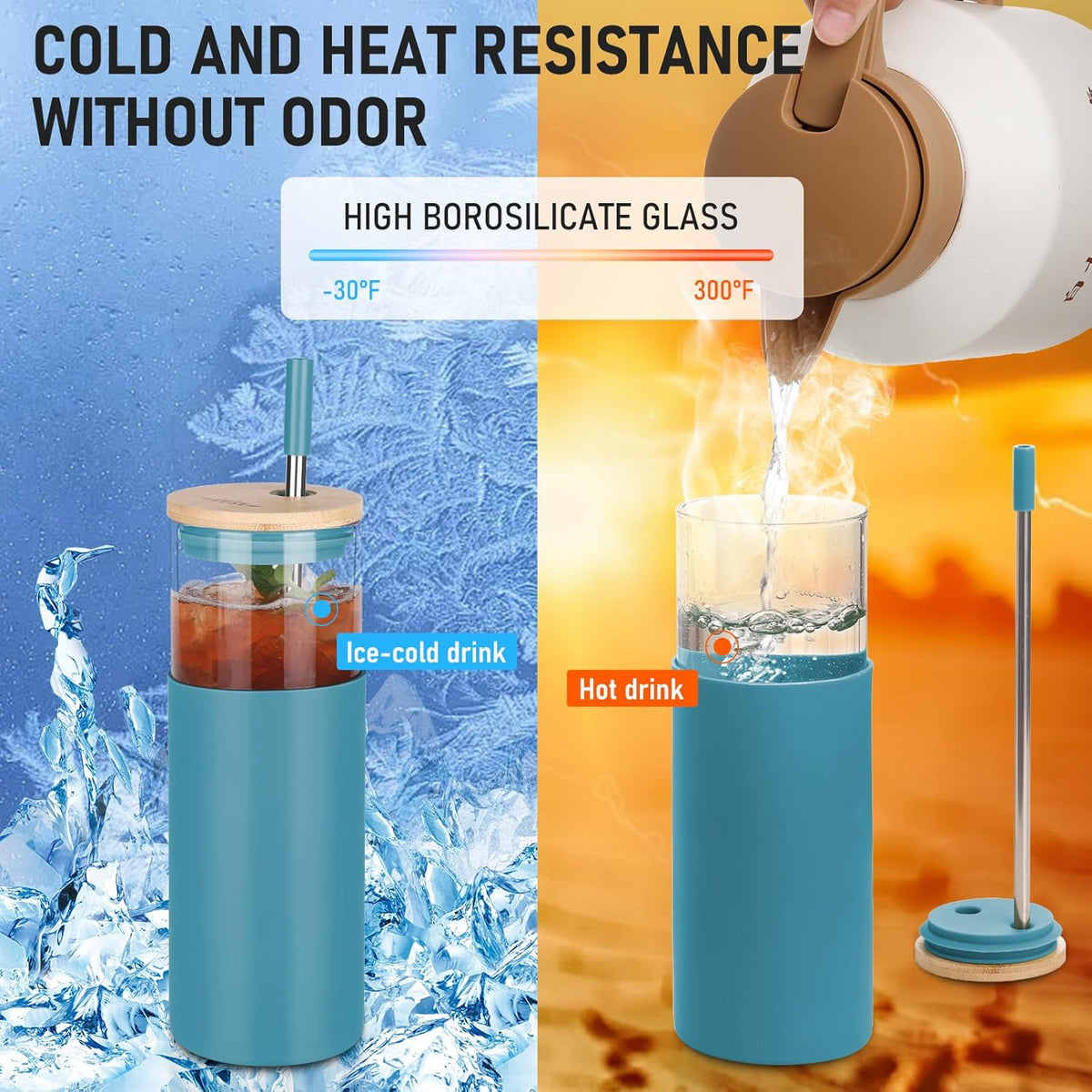 2Pack Glass Tumbler w/Lid &Straw - 24oz Reusable Glass Mug/Bamboo Lid & Stainless Steel Straw -BPA Free, Leak-Proof, Dishwasher Safe for Coffee, Smoothies, Hot Beverage, Travel, Office, Home Use