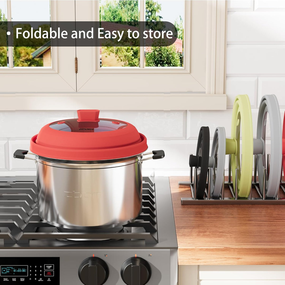 Microwave Splatter Cover, Vented Silicone and Glass Cover Splatter Guard Lid, Food Collapsible Plate Cover Lid with Easy Grip Handle. (Red, 9 inch)