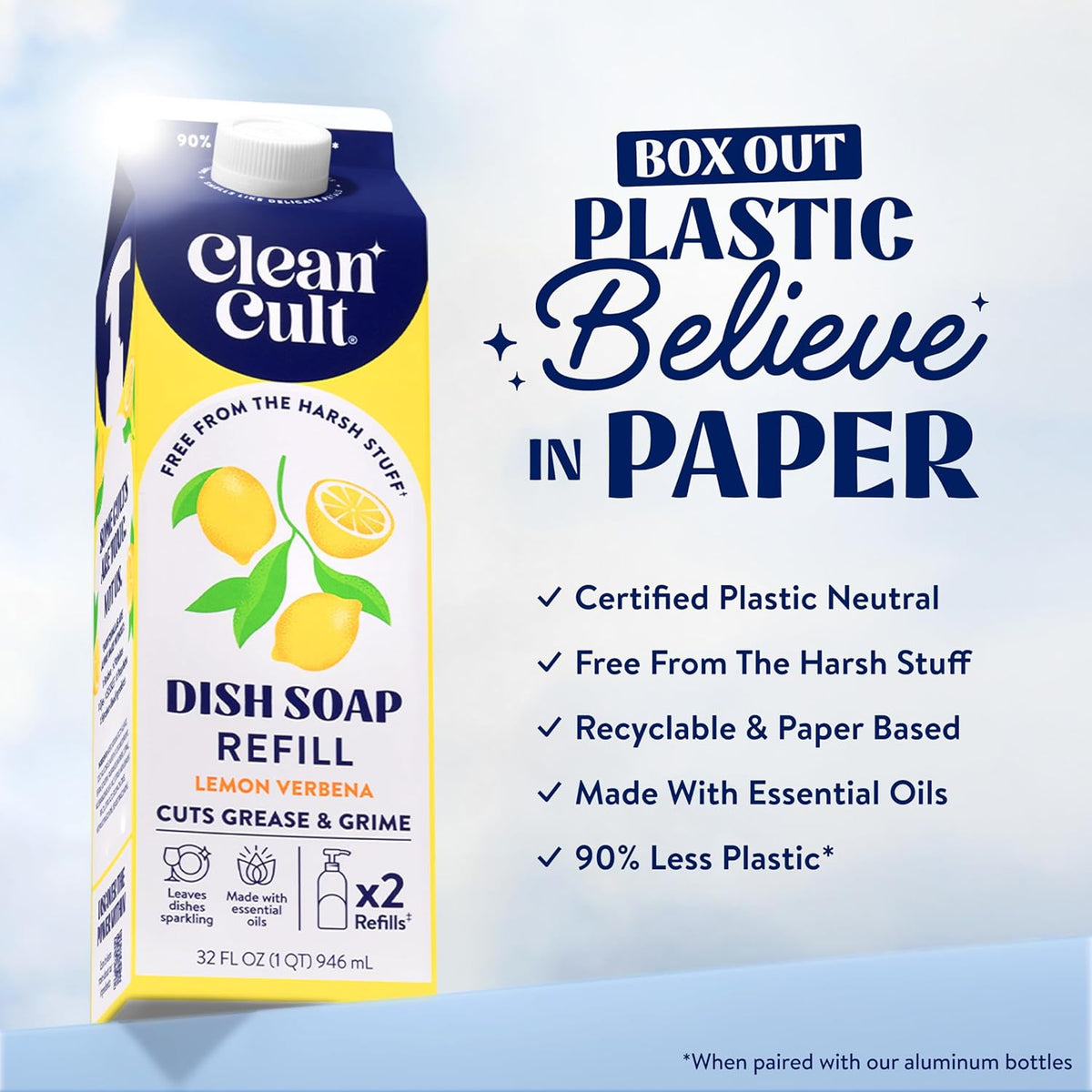 Cleancult Dish Soap Liquid Refills - Plant Based Cleaning Power - Cuts Grease & Grime - Free of Harsh Chemicals - Uses 90% Less Plastic - Lemon Verbena - 32 oz/3 Pack