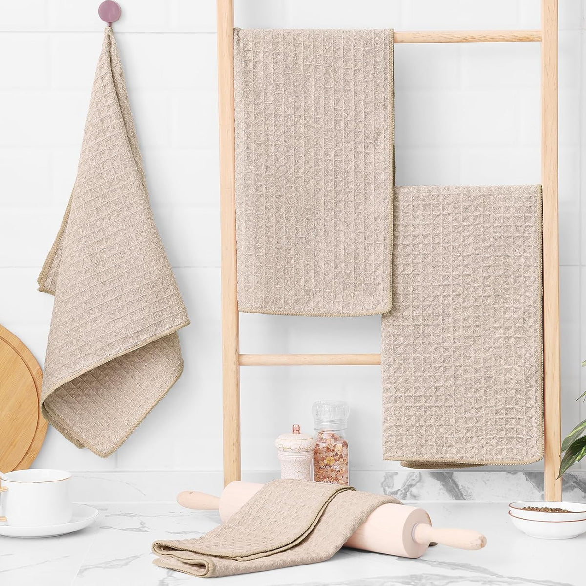 Homaxy Microfiber Waffle Weave Kitchen Towels, 16 x 28 Inch Ultra Absorbent and Solid Color Dish Towels, 6 Pack, Beige
