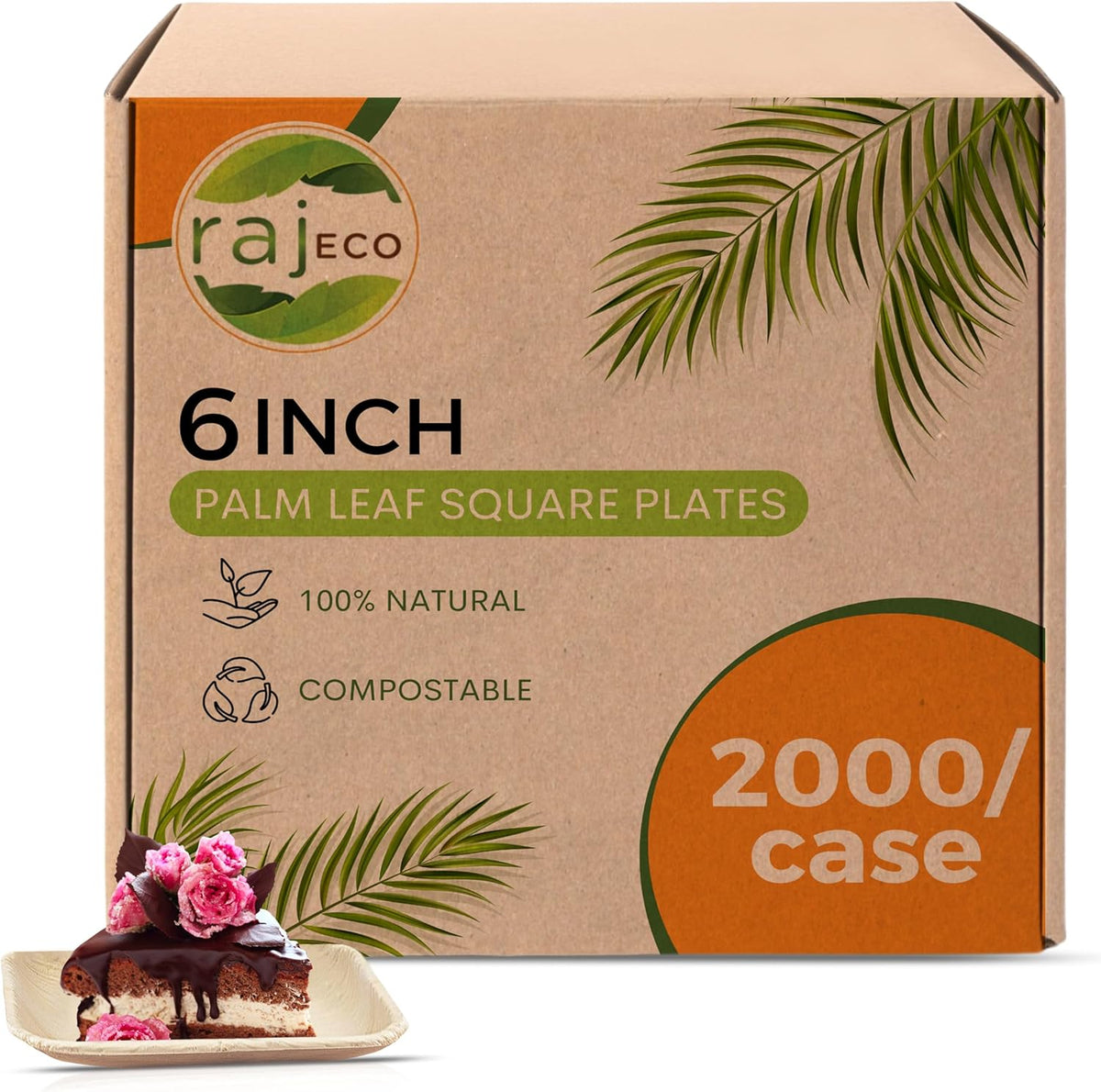 Raj Palm Leaf Bulk Plates like Bamboo plates Disposable, Decorative Compostable Tableware for wedding, Lunch, Dinner, Birthday, Camping, Outdoor BBQ (6" 200 Pack(10 Cases I 2000 Pack))