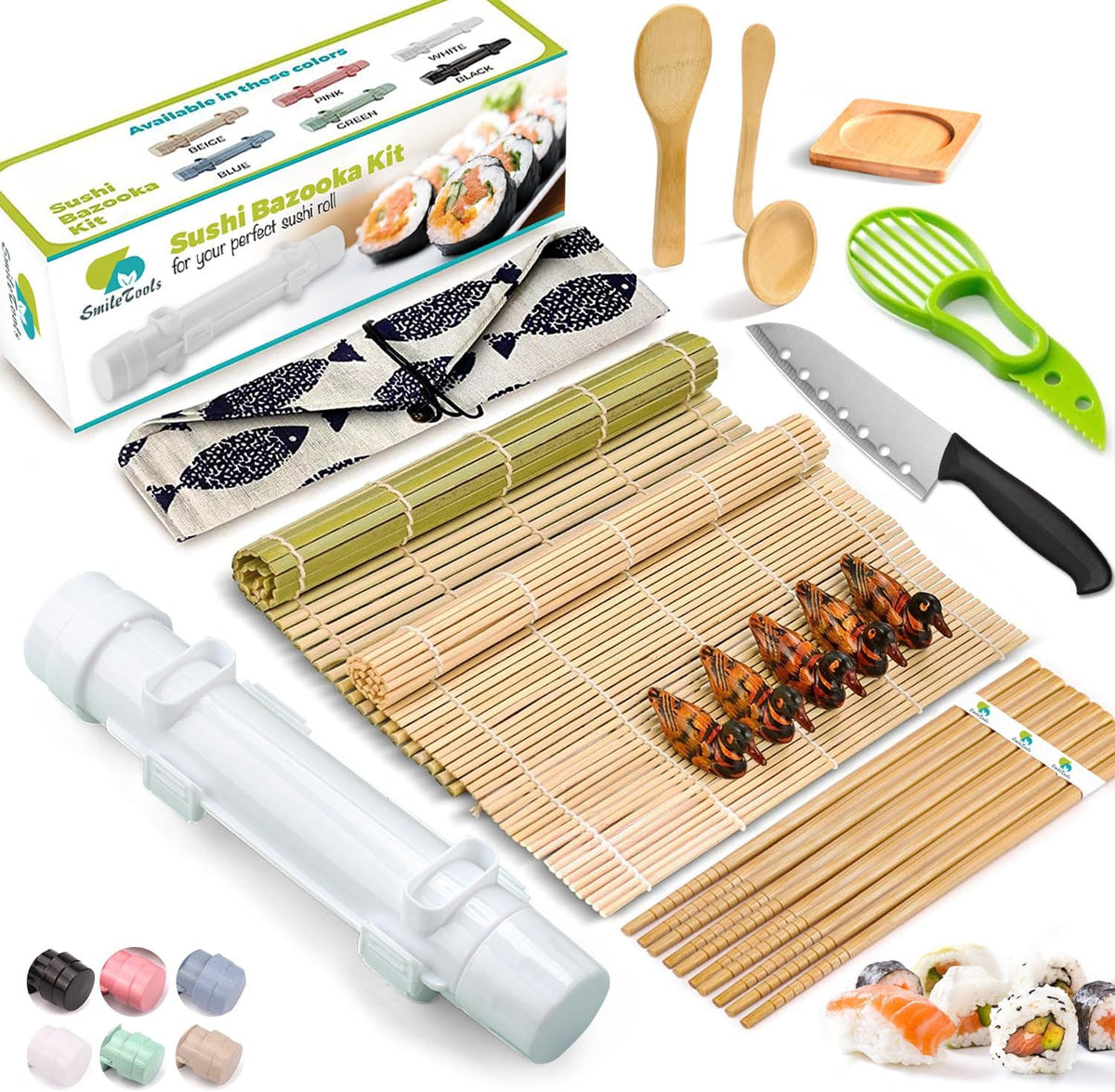 Sushi Making Kit, 22-in-1 Sushi Roller Kit with Bamboo Sushi Rolling Mat, Sushi Bazooka, Avocado Knife, Sushi Knife, Chopsticks, Sauce Dishes, Rice Spreader & More DIY Sushi Party Gift