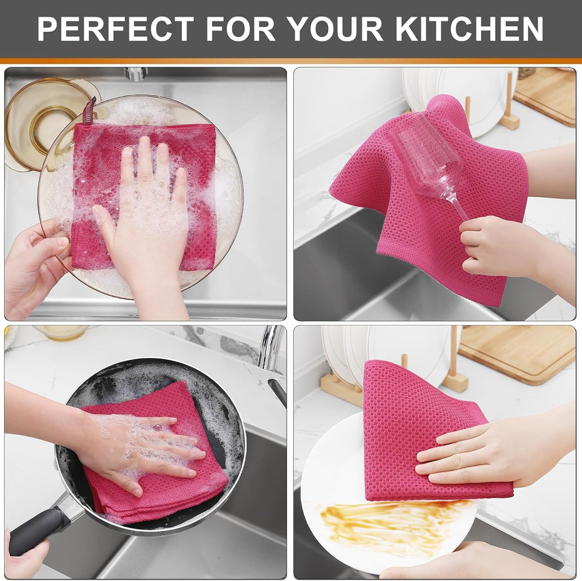 Kitinjoy 100% Cotton Kitchen Dish Cloths, 6 Pack Waffle Weave Ultra Soft Absorbent Dish Towels for Drying Dishes Quick Drying Kitchen Towels Dish Rags, 12 X 12 Inches, Hot Pink