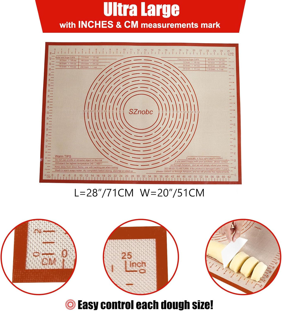 Non-slip Silicone Pastry Mat 28X20 inches Baking Mat with Measurement, Perfect for Dough, Pastry, Pie Crust, Fondant, Cookies, Bread, Pasta, Pizza, Food Grade Kitchen Counter Mats