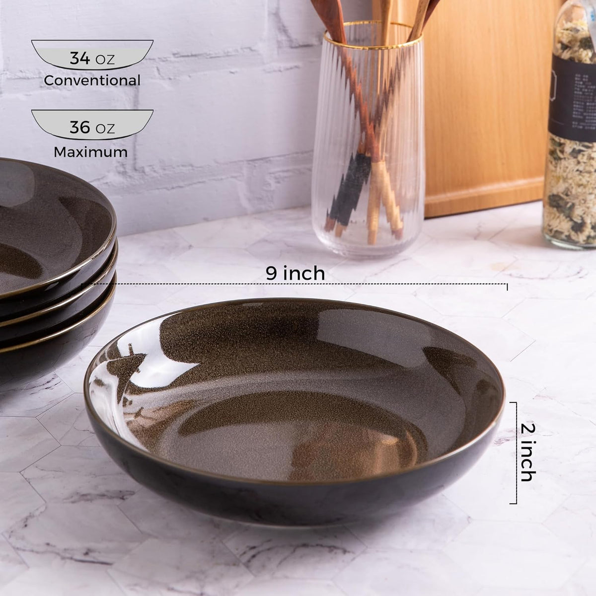 LERATIO Large Pasta Bowls,38oz Ceramic Pasta Bowls,9.0" Reactive Glaze Pasta Bowl Set of 6,Microwave & Dishwasher,Oven Safe,Wide Serving Bowls for Salad,Pasta,Fruit,Scratch Resistant-Coffee