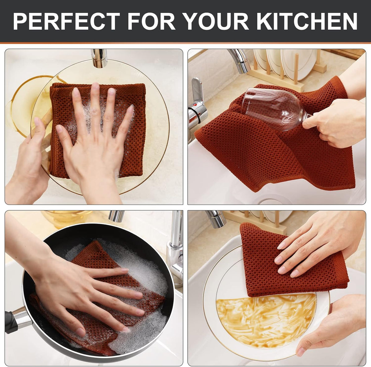 Kitinjoy 100% Cotton Kitchen Dish Cloths, 6 Pack Waffle Weave Dish Towels Ultra Soft Absorbent Quick Drying Dish Rags, 12 X 12 Inches, Rust