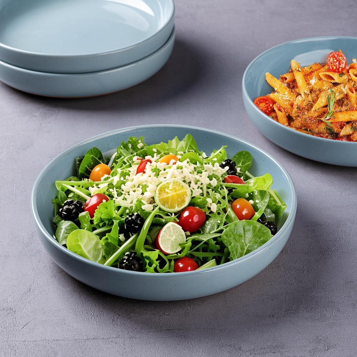 AmorArc 8.75'' Large Ceramic Pasta Bowls, 36oz Handpainted Stoneware Bowls Set of 4, Microwave&Dishwasher Safe Bowls with Rustic Terracotta Underside for Pasta Salad, Blue