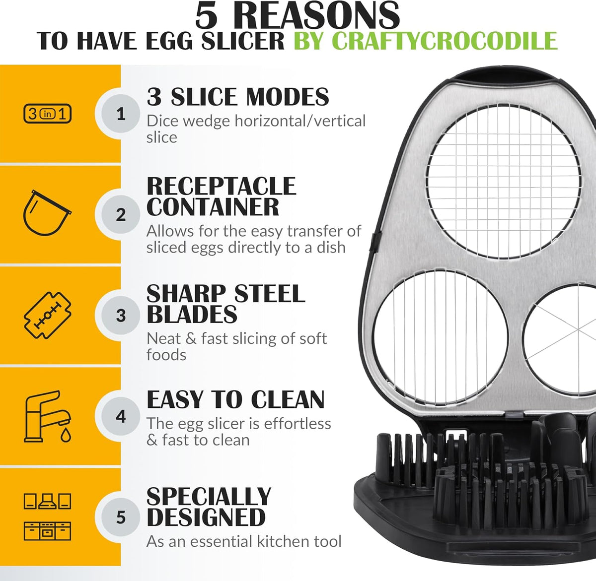 CraftyCrocodile Egg Slicer for Hard Boiled Eggs - 3 Slice Modes Egg Cutter, Heavy Duty, Stainless Steel Dicer - Kitchen Chopper Tool for Strawberry, Mushroom, Grape, Cherry Tomato - Black