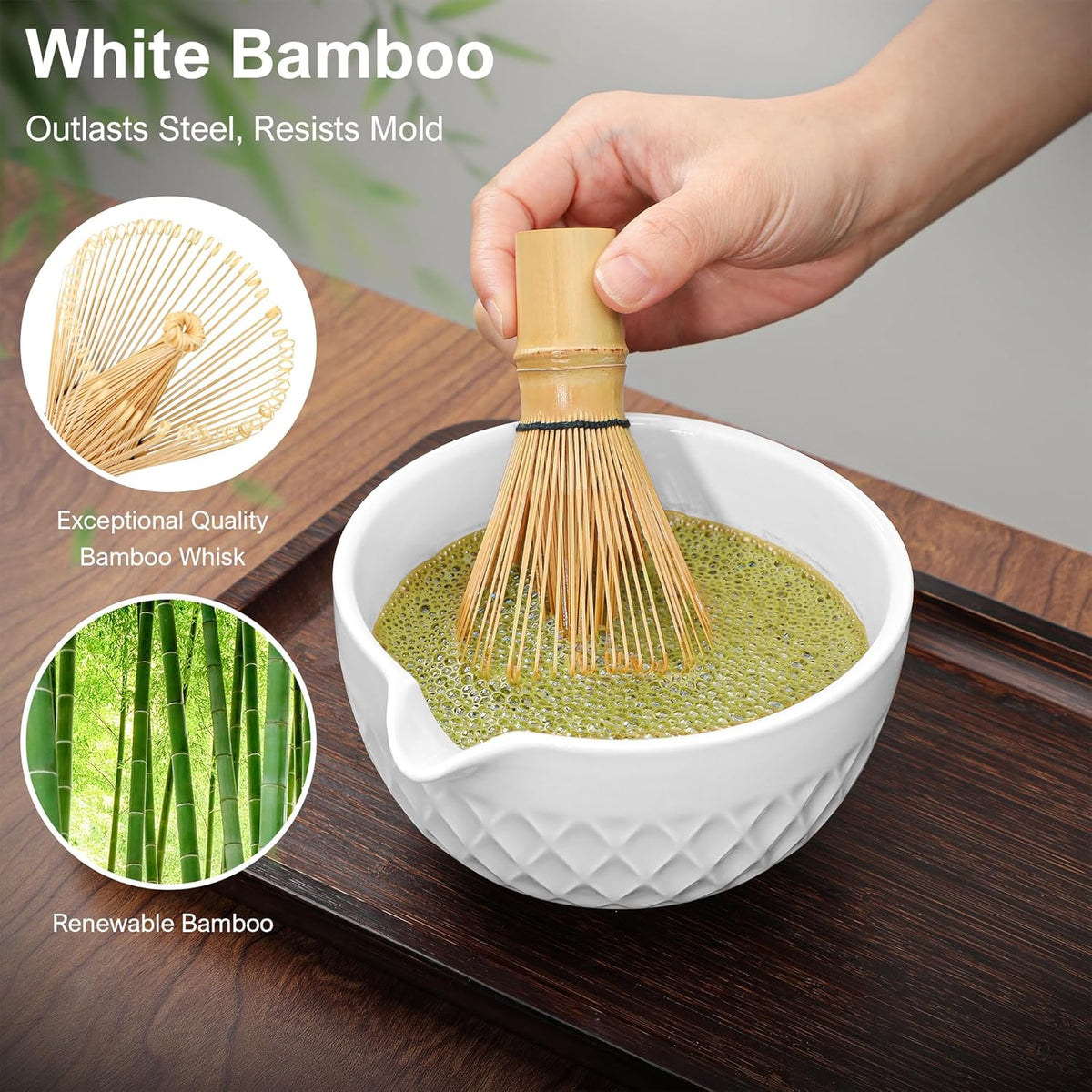 Matcha Whisk Set, 7 Pcs Matcha Kit, Ceramic Matcha Set Includes Matcha Bowl with Spout, Matcha Whisk and Holder, Bamboo Scoop, Scoop Rest, Sifter and Tea Towel (Ceramic White)