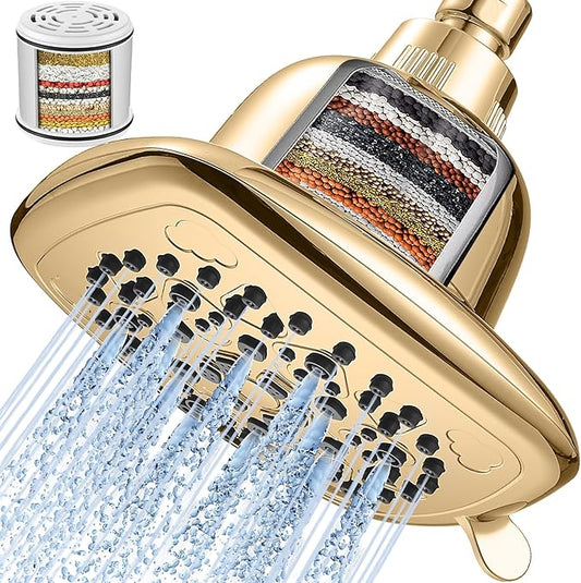 Cobbe Filtered Shower Head, 7 Modes High Pressure Shower Heads - 16 Stage Shower Head Filter for Hard Water for Remove Chlorine and Harmful Substances (Egyptian Gold, 6 Inch Square)