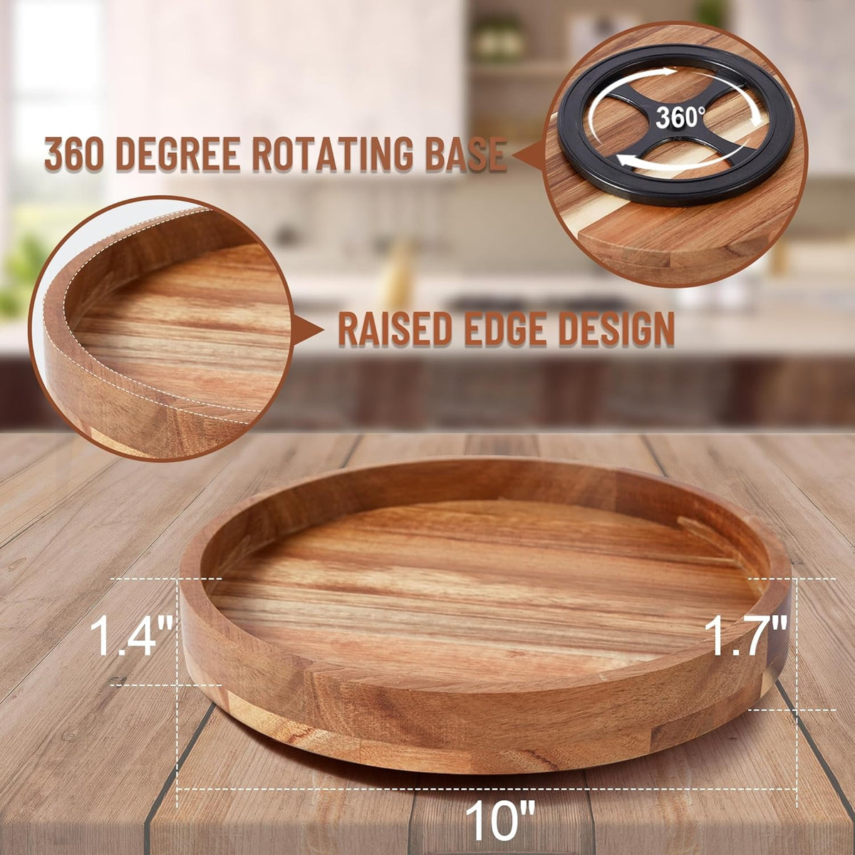 10 Inch Acacia Wood Lazy Susan Organizer for Cabinet, Lazy Susan Turntable for Countertop Table Pantry, Kitchen Turntable Storege