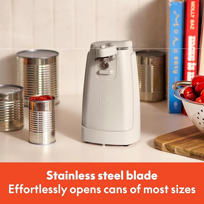 bella Electric Can Opener and Knife Sharpener, Multifunctional Jar and Bottle Opener with Removable Cutting Lever and Cord Storage, Stainless Steel Blade, Oatmilk