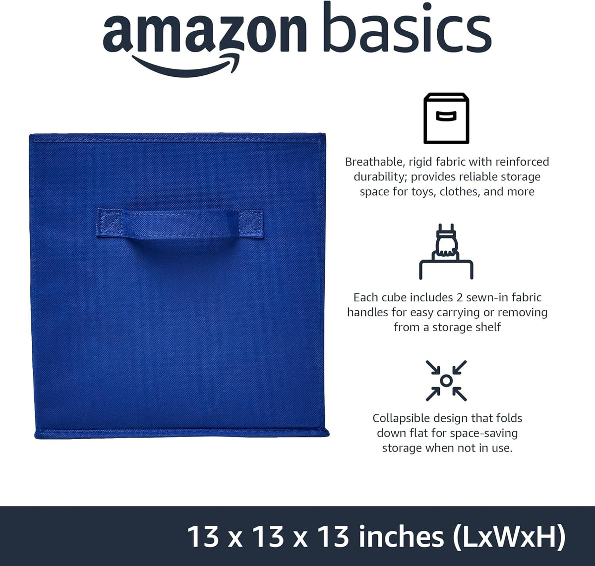Amazon Basics Cube Organizer Storage Bins Handles, Collapsible Fabric, Pack of 6, 13"x13"x13", Navy