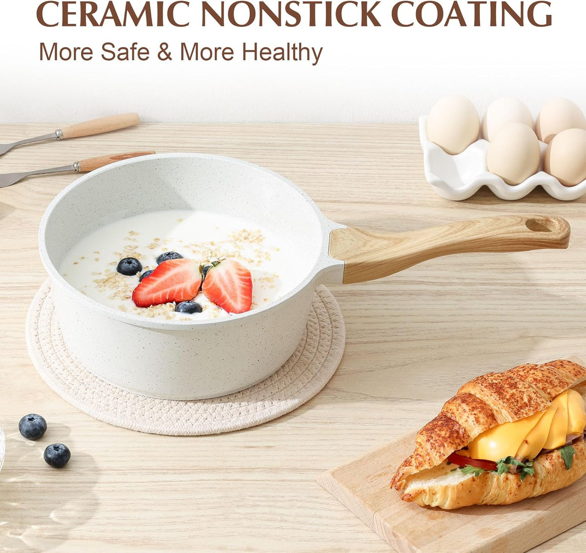 SENSARTE White Ceramic Nonstick Saucepan with Lid 2.0 Quarts, Small Cooking Pot with Stay Cool Handle, Induction Compatible Saucepot, White Granite Coating, Free of Intentionally Added PTFE/PFOA/PFAS