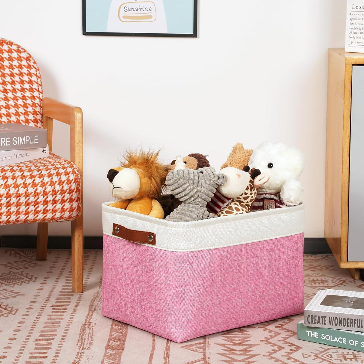 DULLEMELO Storage Baskets for Organizing, Shelves,Bedroom, Decorative Storage Bins with Faux Leather Handles, Fabric Storage Basket for Office, Toys(3-Pack, White&Pink)