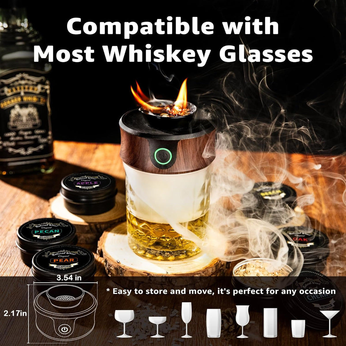 Electric Whiskey Smoker Kit with Torch, Premium Wooden Box, 4 Wood Chips, Ice Molds, Recipes, Cocktail Smoker Kit for Bourbon & Old Fashioned, Ideal Gift for Dad, Husband and Men (No Butane)