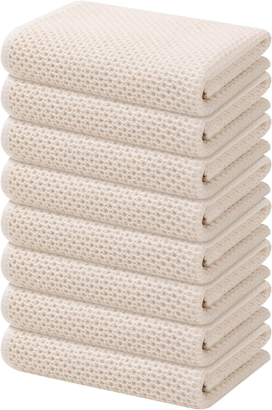 Kitinjoy 100% Cotton Waffle Weave Kitchen Towels, 8-Pack Super Soft and Absorbent Dish Towels for Drying Dishes, Kitchen Hand Towels, 13 in x 28 in, Beige