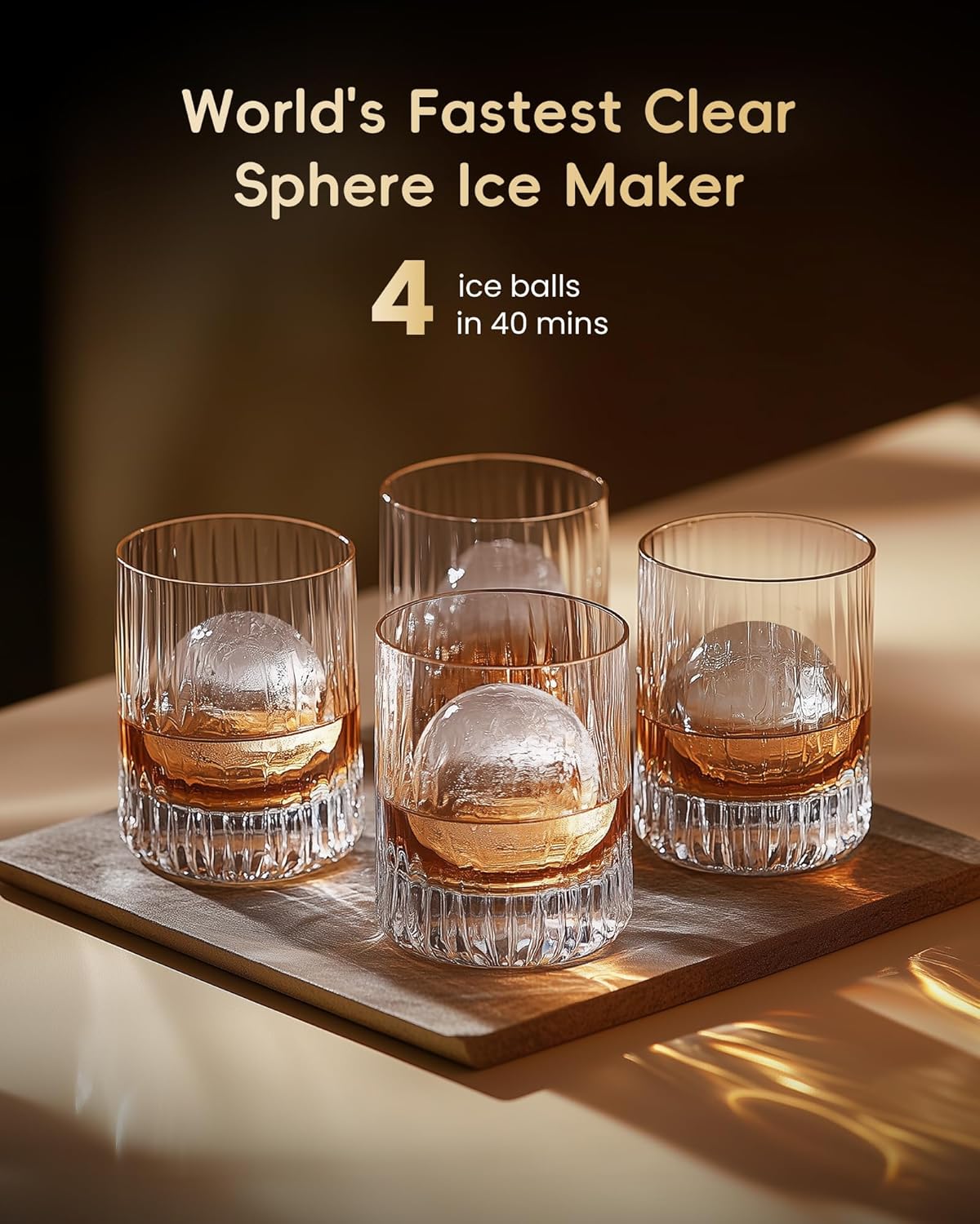 ecozy 2" Clear Ice Ball Maker with CrystalFlux Technology, 4 pcs in 40 Mins, 144 pcs/Day, Sphere Ice Maker with Enhanced Insulation, Automatic Water Supply, Self-Cleaning for Whiskey & Bourbon