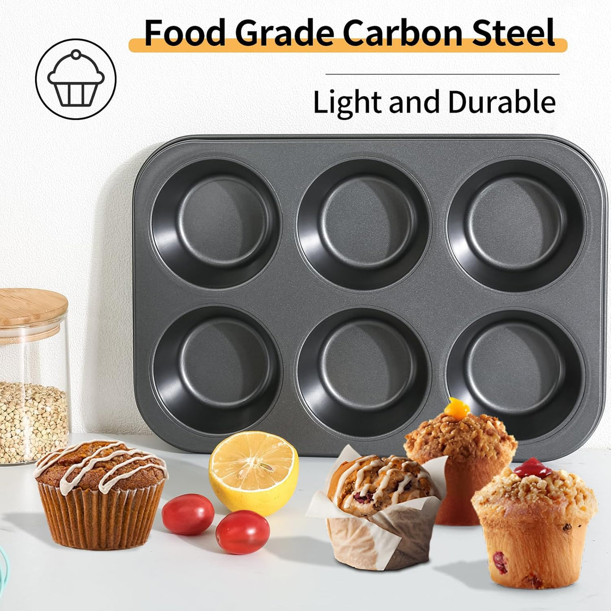 Jumbo Muffin Pan 6-Cups Cupcake Pan, Premium Large Muffin Tin for Baking, Non-Stick and Thickened Carbon Steel Jumbo Cupcake