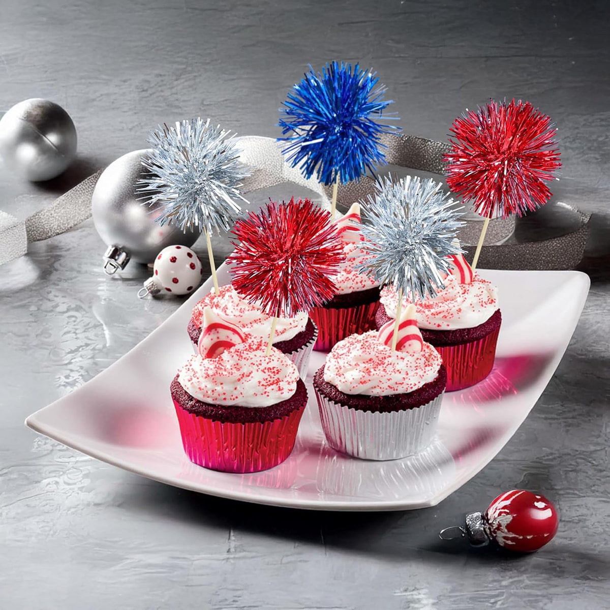 Ephlyn 30Pcs Foil Firework Cupcake Toppers Sparkle Tinsel Cupcake Picks Happy Birthday Cake Toppers Drink Cocktail Food Fruit Toothpicks for Baby Shower Birthday Party Supplies Red Silver Dark Blue