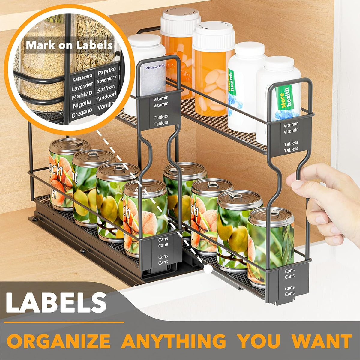 SpaceAid Pull Out Spice Rack Organizer for Cabinet, Heavy Duty Slide Out Seasoning Kitchen Organizer, Cabinet Organizer, with Labels, 5.2" W x10.75 D x10 H, 2 Drawers 2-Tier