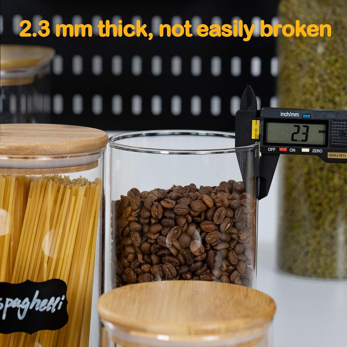 70oz Straight cylindrical Airtight Storage Jars with Bamboo Lid Set of 3 Storage Container Glass Jars, Kitchen Canister for Noodles, Pasta and Coffee beans (‎with Black Lable)