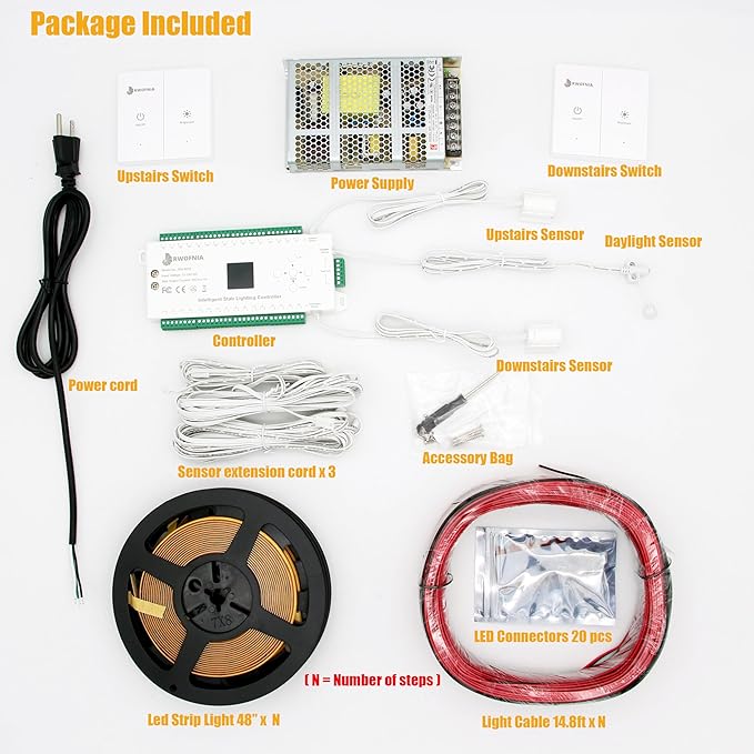 RW-5630 Motion-Activated LED Stair Lighting Kit with Daylight Sensor, 48" Warm White 3000K Cuttable Strip Light for Indoor LED Stair Lights (20 Steps)