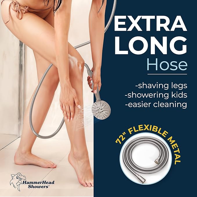 HammerHead Showers Solid Metal 3-Spray Handheld Shower Head with Long Hose and Holder, High Pressure, Wide/Massage/Mist Sprays, Brushed Nickel, 1.75 GPM