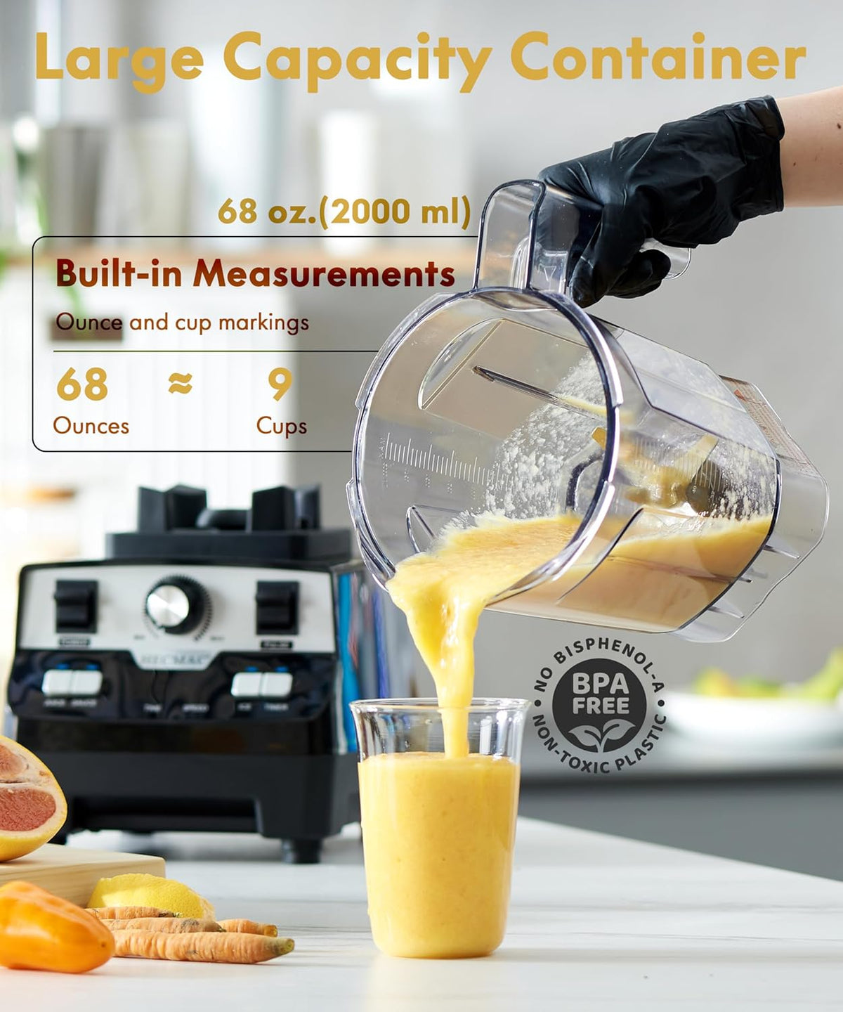 HECMAC 3-Peak HP Blender - 2200W Max/1400W Rated, 68oz BPA-Free Pitcher, 3 Programs, Self-Clean, Tamper - Smoothies, Ice Crush, Frozen Drinks, Food Prep - Home & Commercial, 110V