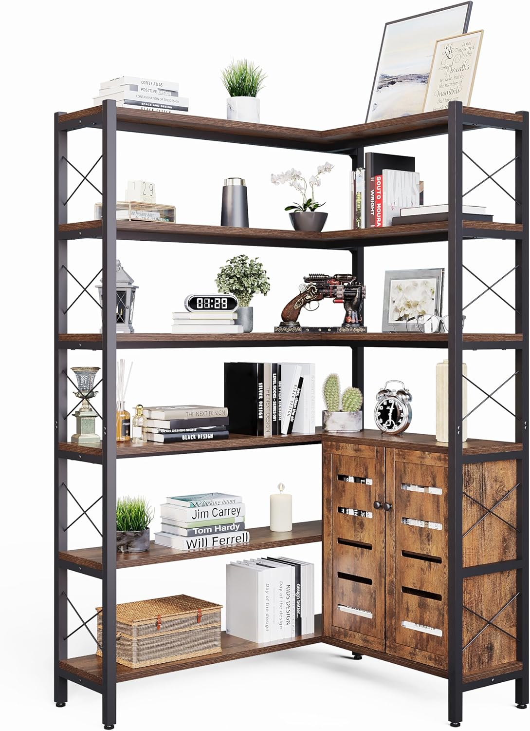 Corner Bookshelves and Bookcases Industrial Corner Etagere Bookcase L Shaped Shelf 6 Tiers with Metal Frame for Living Room Home Office