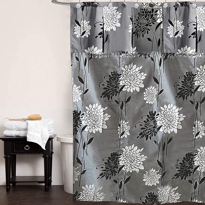Zahari Home 13pc Erica Bathroom Fabric Shower Curtain Sets Bathroom Shower Curtain & 12 Shower Bathroom Hooks Modern Classic Luxury Contemporary Decor Grey Shower Curtain Stylish Bath Sets
