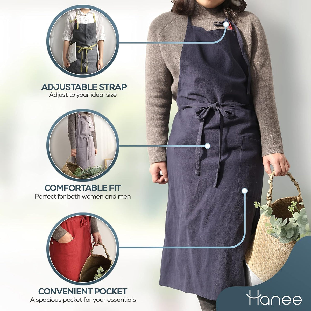 HANEE Kitchen Apron for Women & Men (9 Colors) Linen Cooking Aprons with pocket
