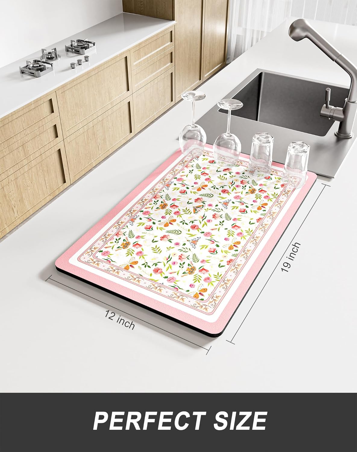 Rnivvi Dish Drying Mat for Kitchen Counter, 12 x 19" Cute Flower Theme Super Absorbent Draining Pad, Non-Slip Heat Resistant Coffee Bar Mats for Coffee Machine Station Accessories, Pink Dish Rack Pad