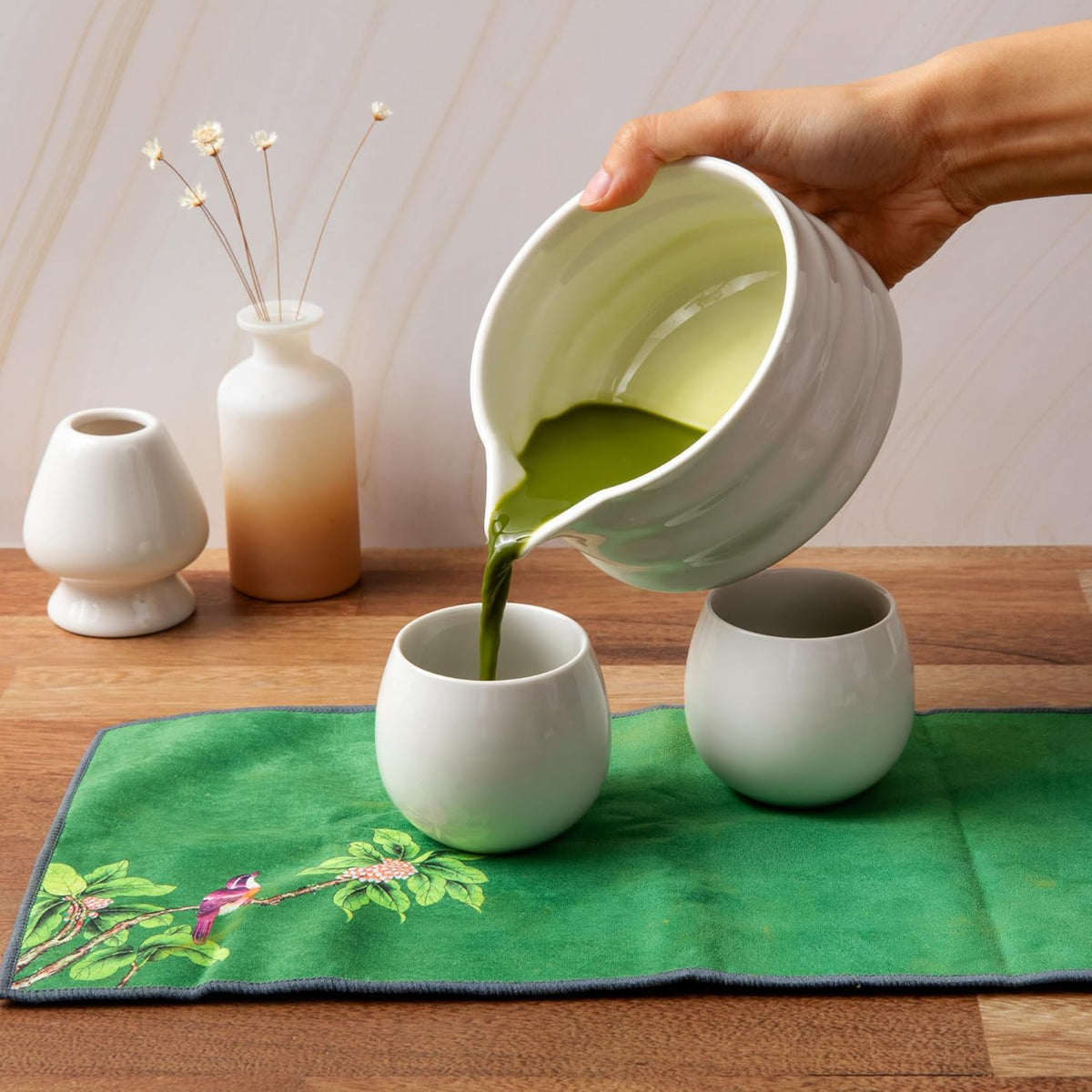 Marce Matcha Whisk Set- Matcha Set includes Matcha Whisk and Bowl (Bowl with Spout), Sifter, Holder and Scoop- The Perfect Bamboo Whisk for Matcha Tea (White- 7PC)