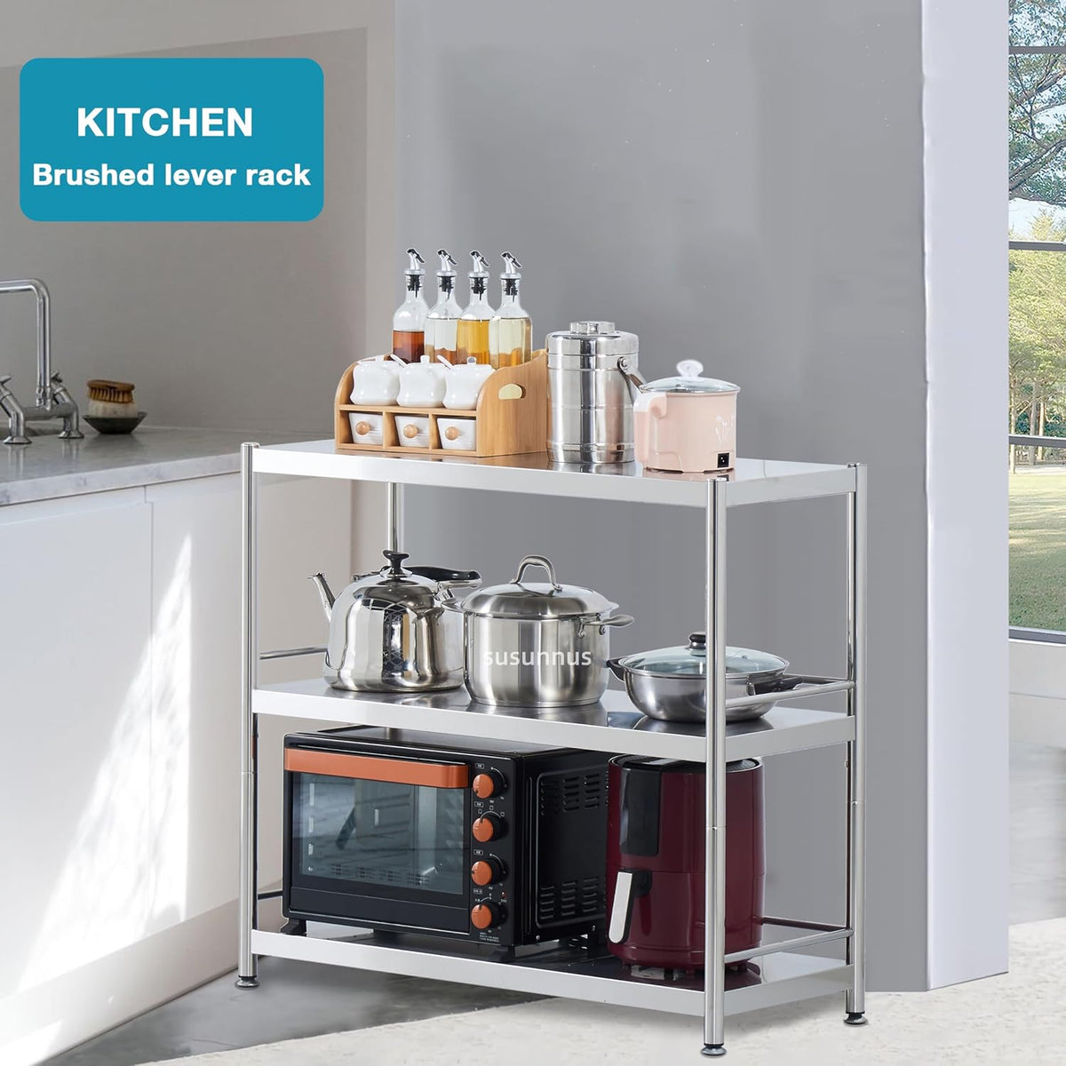susunnus 5-Tier Stainless Steel Shelf, Heavy Duty Shelving for Kitchen, Garage, Industrial Storage, Kitchen Shelves with Guardrails, Adjustable Feet, Easy to Clean